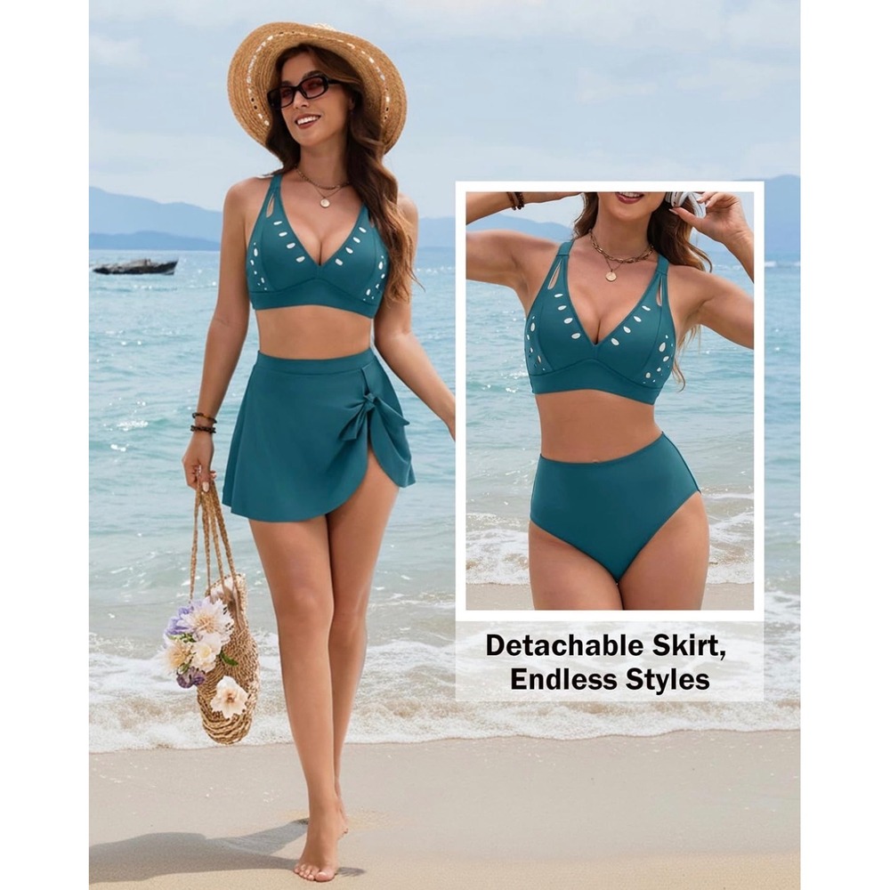 BMJL Teal 3-Piece Bikini Set with Laser Cut Top High Waist Bottoms and Skirt